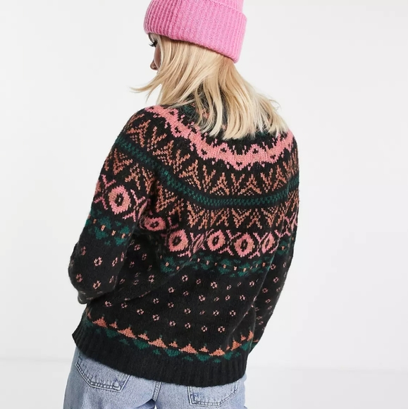 American Eagle Black Batwing Fair Isle Pink & Green Printed Wool Blend Sweater - Picture 5 of 16